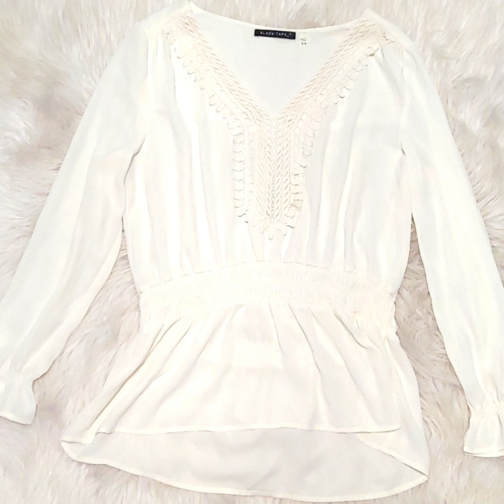Black Tape_ Ruffle Embroidered V Neck Blouse